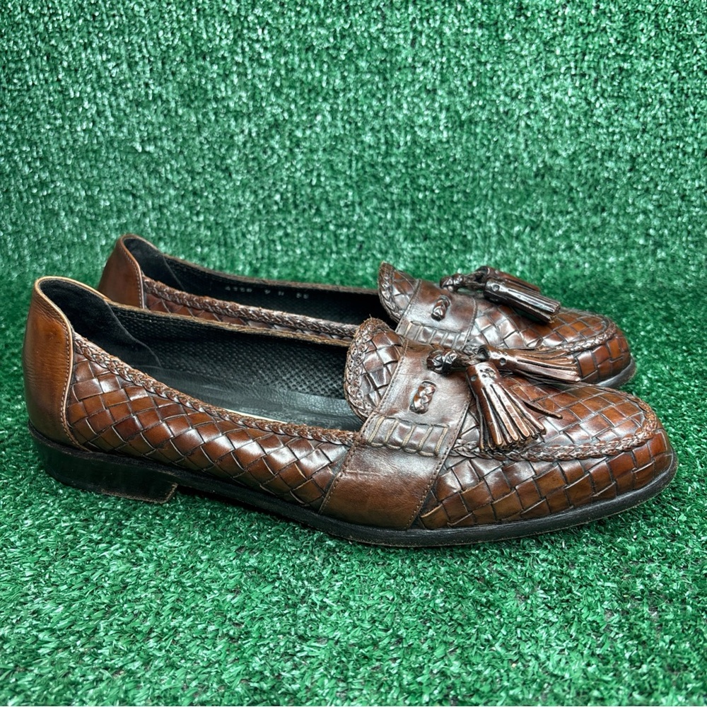 Bragano By Cole Haan Tassel Loafers Men Brown Woven‎ Leather Italy Size 9 N